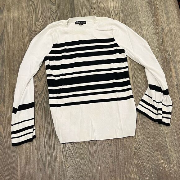 INC International Concepts Striped Bell-Sleeve Sweater Scoop Neck White Black XL - Picture 1 of 3